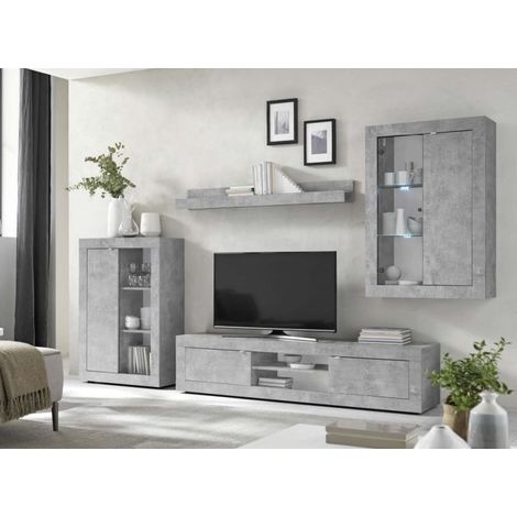 Azura Home Design – Ensemble meuble TV béton 184 cm – Design contemporain avec étagères – Poignées métal laqué blanc – Dimensions 184x43x42 cm (1/2)