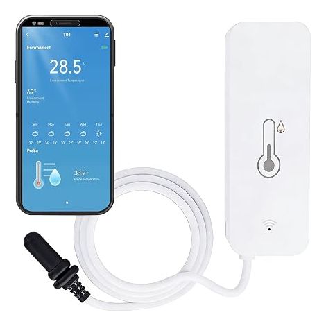 Thermomètre et hygromètre WiFi adapté pour l'intérieur et l'extérieur, avec capteur externe, compatible avec l'application Smart Life, idéal pour les piscines, les aquariums, les serres, etc. (1/5)