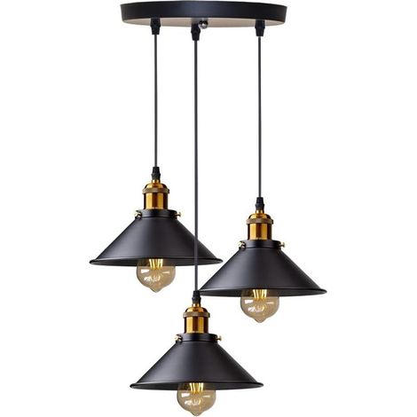 3 Lumières Suspension Rétro Industriel Plafonniers Design Edison Métal Lustre Suspension avec Support de Plaque Circulaire, Ø 22cm, Noir (1/5)