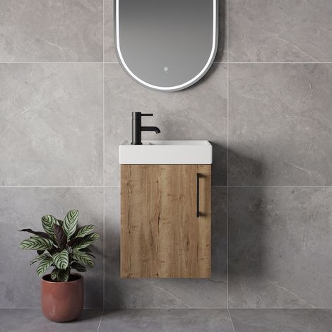 Napoli Cube Tobacco Oak 400mm Wall Mounted Single Door Vanity Unit with Align Basin - 400mm - Matt Black 160mm Handle