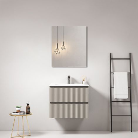 Mobile bagno sospeso cannettato 60 cm Grigio Cenere Lavabo in Ceramica Specchio Quadro - Fiji Paint