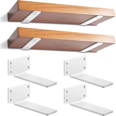Lot de 4 - Support étagère flottante - Équerre murale métal - Fixation invisible pour bricolage - Intérieur salon cuisine bureau - Blanc - 15x15cm