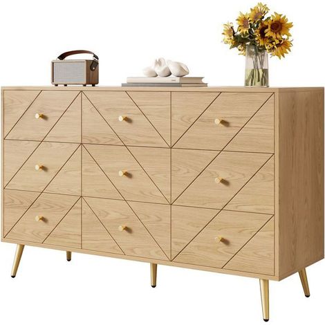 Buffet salon, 9 tiroirs rangement Buffet, structure robuste motifs géométriques, pieds en fer, boutons pratiques (1/5)