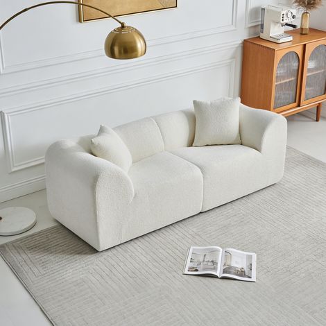 Divano 2 posti in velluto beige 193x87x67 cm con 2 cuscini, design salvaspazio