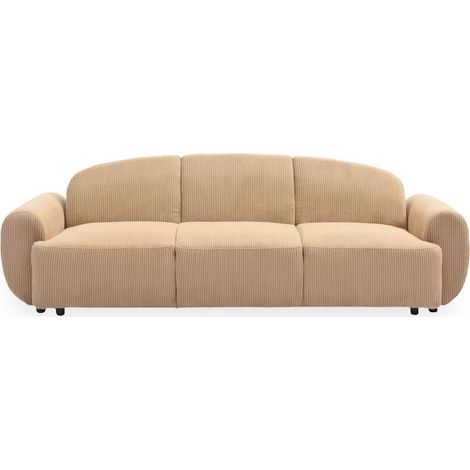 Cotecosy – Canapé 3 places convertible velours côtelé beige – Dossier et accoudoirs arrondis – Dimensions L234 x P88 x H75 cm – Lit L188 x P112 x H41 cm
