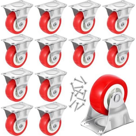 Lot de 12 roulettes fixes rigides non pivotantes avec plaque supérieure en métal pour meubles, petite taille A (1/4)