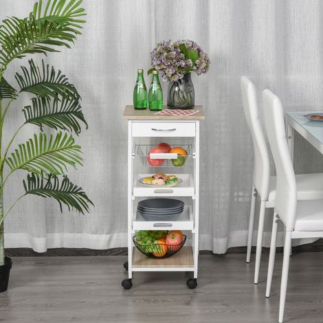 Carrito de cocina con ruedas, cesta + 2 bandejas extraíbles, cajón, estante, MDF de roble claro, madera de pino blanco. (1/5)