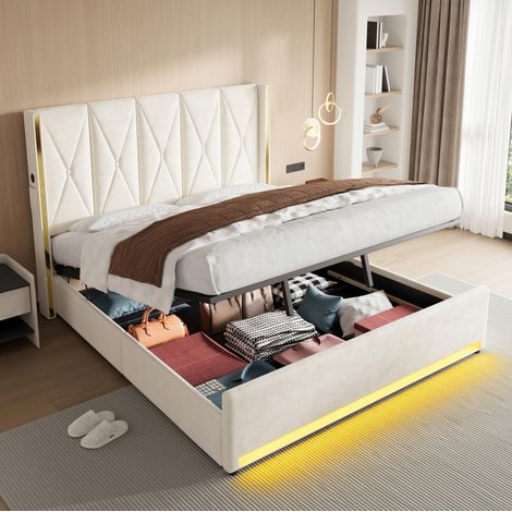 letto contenitore 180x200 USB LED velluto beige HAVRYA (1/5)