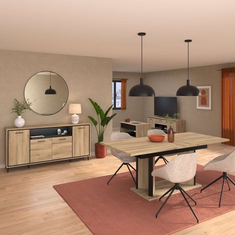 Ensemble séjour table repas allongeable + buffet 4 portes aspect bois et noir - OSTAREL (1/5)