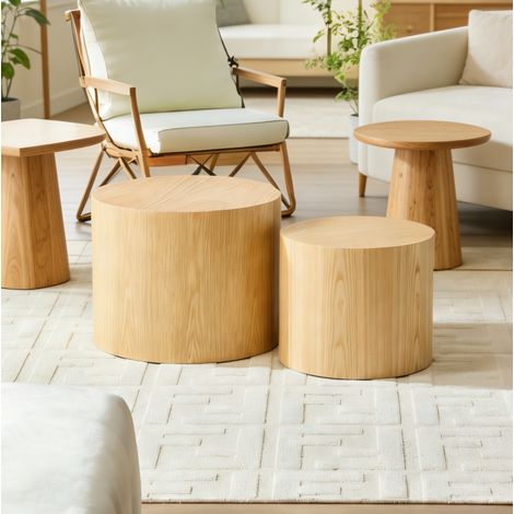 Set de 2 tables gigognes rondes en bois massif, Ø48x38 cm et Ø38x32 cm, finition naturelle, noire ou noyer (1/5)