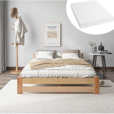 Cama futón de madera maciza 140x200 cm, natural, con cabecero y base de láminas, estructura de pino (1/5)