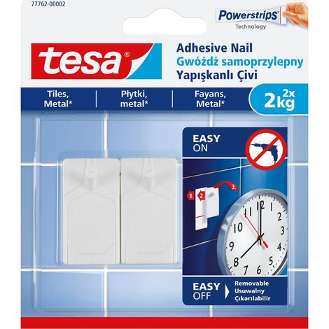 Tesa - Clavo adhesivo para azulejos y metal, 2 kg, para superficies lisas y sólidas en baños y cocinas, 2 clavos adhesivos con capacidad de 2 kg