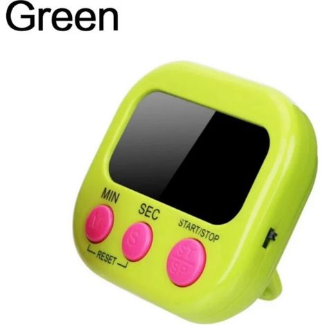 Un piccolo timer da cucina digitale con piastra posteriore magnetica e interruttore che visualizza minuti e secondi, nonché il conteggio in avanti e all'indietro. (1/2)