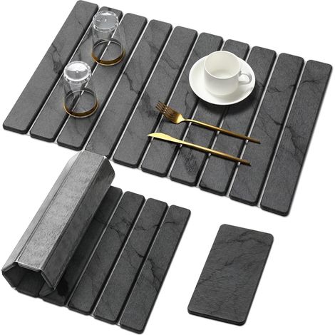 Lot de 2 grands tapis de séchage en pierre de diatomée avec base antidérapante en PVC, 60 x 39 cm et 10 x 20 cm, gris Tapis d'évier absorbant pour vaisselle, tasses, verres (1/5)