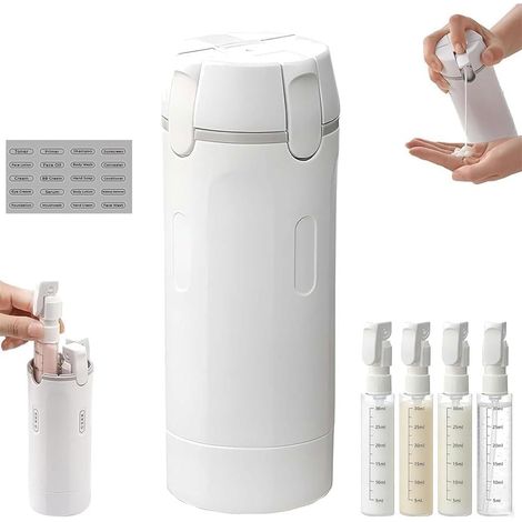 Lot de bouteilles de voyage 4 en 1 pour articles de toilette, rechargeables, anti-fuite, flacons de shampooing et d'après-shampoing de voyage transparents avec graduation et inscription, pour (1/5)