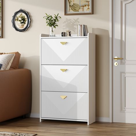 Meuble à chaussures blanc 70x30x120 cm avec 3 abattants inférieurs et 6 compartiments, style buffet MDF pour salon ou entrée (1/5)