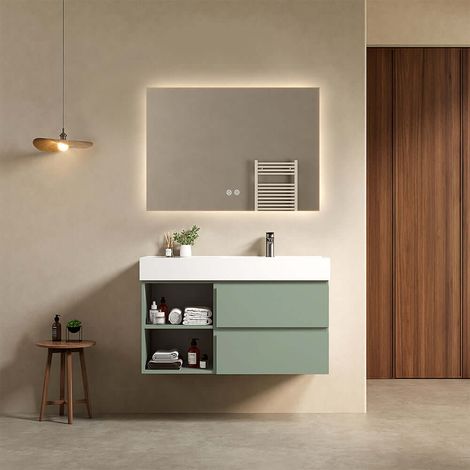Mobile bagno sospeso 100 cm Verde Salvia Lavabo a Destra in Resina Specchio Quadro Retroilluminato - Fiji Paint Plus (1/4)