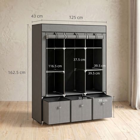 Armoire pliable en tissu avec tiroirs et porte à enroulement zippée, 125 x 43 x 162,5 cm, gris foncé (1/5)