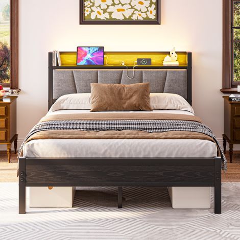 Struttura letto 140x190 cm con luci LED intelligenti, testiera in memory foam con stazione di ricarica USB, robusta rete a doghe in metallo, silenziosa, facile da montare, non necessita di rete a moll (1/5)