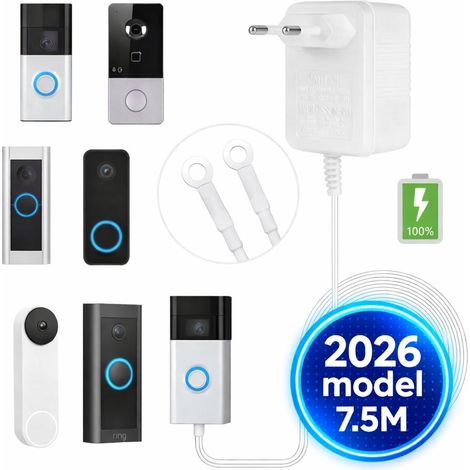 Adaptateur secteur pour sonnette vidéo, transformateur enfichable 24 V CA 500 mA avec câble de 7,5 m pour sonnettes connectées Ring Eufy, blanc (1/4)