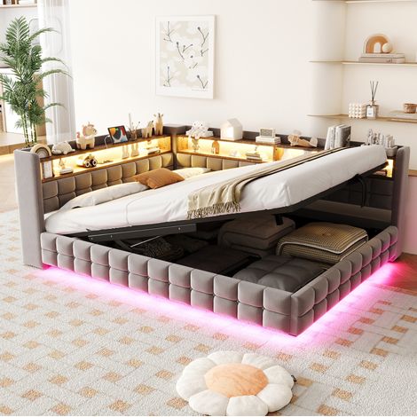 Sofabett 140x200 cm hellgrau aus Samt mit Stauraum, LED-Beleuchtung und Ladeanschlüssen (1/5)