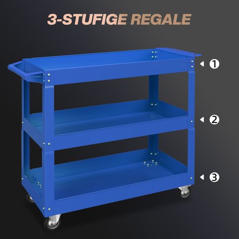 Chariot de rangement 3 étages, 4 roulettes, acier, 83 x 35,3 x 76 cm, bleu (1/4)