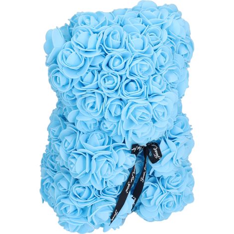 Ourson en Fleurs Artificielles Rose de 25cm - Cadeau Romantique pour Saint-Valentin, Noël, Épouse ou Amoureux - Bleu