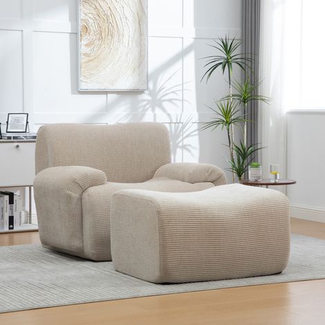 Fauteuil en chenille avec pouf, emballé sous vide avec mousse à haute élasticité 30D, sans montage pour salon et petites pièces - Light Khaki (1/5)