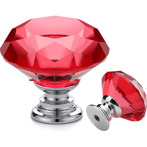 Ensemble de 25 boutons de tiroir en cristal rouge – Poignées en forme de diamant de 30 mm pour armoires en verre avec bases argentées (1/5)