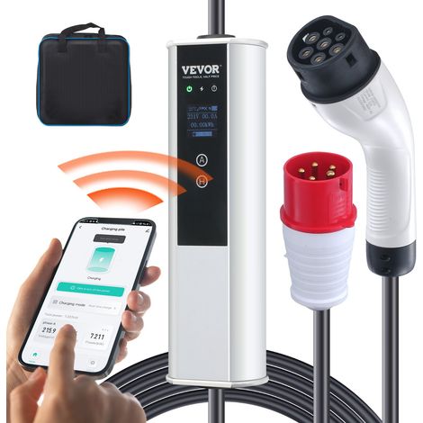 Chargeur EV Portable Type 2 IEC6219 Chargeur Voiture Électrique 16 A 3,68 kW Monophasé 11 kW Triphasé Câble de Charge 7,5 m Prise CEE 16 LCD IP66 avec Sac de Rangement Crochet de Câble de Charge (1/5)