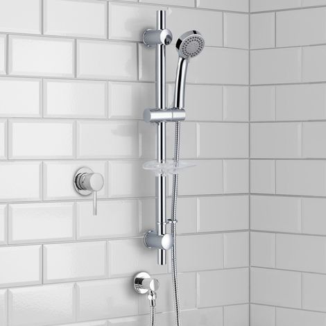 Round Chrome Concealed Shower Mixer Valve, Slider Rail Kit with Handset & Elbow (1/5)