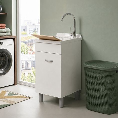 Mobile lavatoio 44x59 cm bianco opaco con anta e vasca incluso di asse di lavaggio e kit di scarico Medea (1/5)