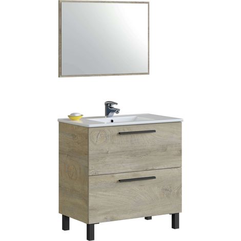 Mueble de Baño Nubis Estilo Natural en Color Roble Alaska con 3 Cajones y Espejo 80x86x45 cm (Lavabo Cerámico)