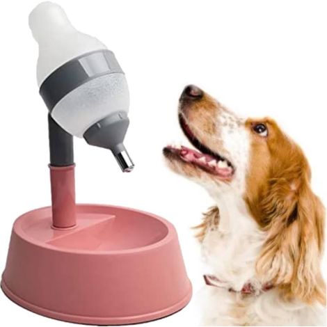 Distributeur d'eau Debout pour Animal, Bol De boîteille d'eau pour Chien, Gamelle Biberon Chien, Distributeur Auto De Bouteilles pour Chiens à Hauteur Réglable, pour Animaux De Compagnie(Rose)