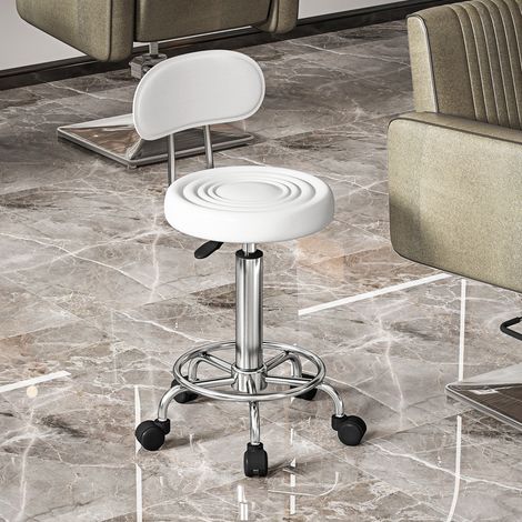 Tabouret pivotant avec dossier et roues, chaise réglable pour salon de beauté, studio de tatouage 32x40x70-86cm blanc (1/5)
