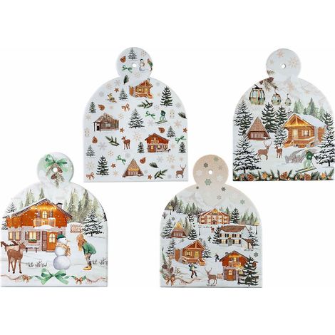 Sottopentola in ceramica lucida con base in sughero da appendere / appoggiare con stampa villaggio innevato. In scatola, set da 4 pezzi, cm 18 x 23 H