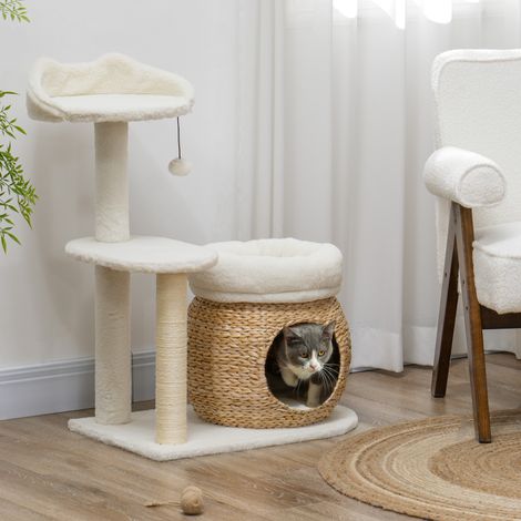 Arbre à chat avec niche, balle et plateforme, en roseau/sisal, jusqu'à 10 kg, 60 x 40 x 79 cm, blanc crème (1/5)