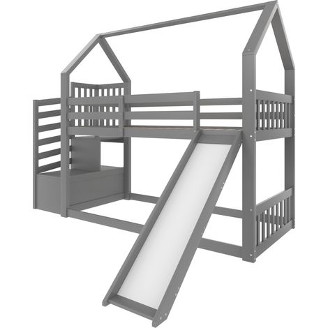 Kinderbett Hausbett grau 90 x 200 cm mit Rutsche und Stauraumtreppe MODENUIT (1/5)