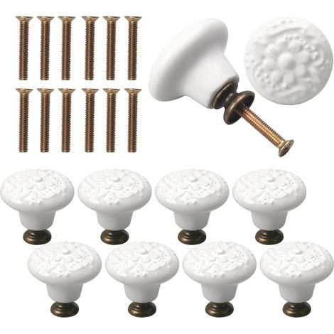 10 Pièces Bouton de Meuble Porcelaine 34mm - Vintage pour Portes, Placards, Tiroirs, Buffets - Avec Vis (Blanc) (1/5)