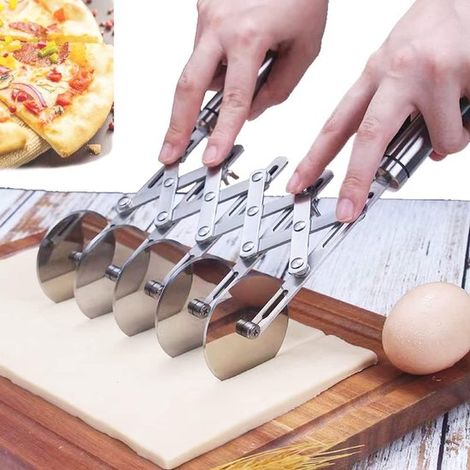 Teigschneider mit 5 Rädern Ausziehbar und verstellbar Mehrrad Teigschneider Rotationsschneider Pizzaschneider Für Pasta, Teig, Fondant, Brownies, (1/5)