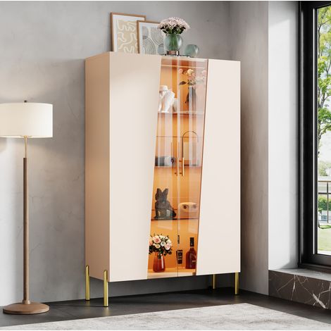 Vitrina LED 72 x 40 x 145 cm de MDF beige y cristal marrón, almacenaje decorativo - CHICFURN (1/5)