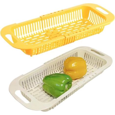Colador de plástico plegable para colocar sobre el fregadero - 2 piezas con asa - para frutas y verduras - beige y amarillo (1/5)