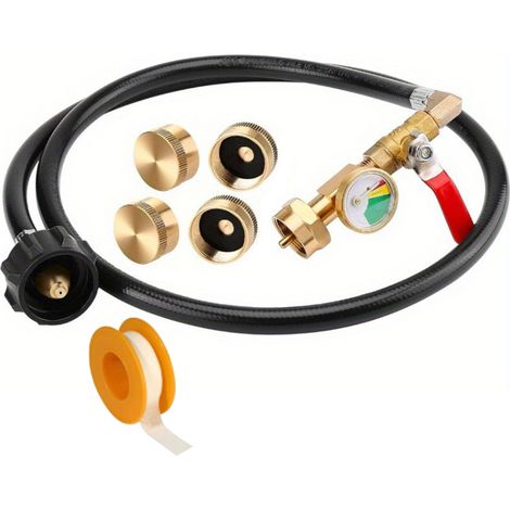 Ortviai Tuyau d’adaptation pour recharge de bouteille de propane 1 lb – 3 pi (91 cm), manomètre intégré + robinet ON/OFF, en laiton