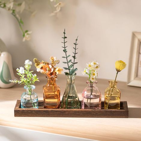 Petits Vases pour Déco de Table: 5 Mini Vases à Fleurs Colorés avec Plateau en Bois pour Décoration de Salon ou de Table à Manger - Ensemble de Vases à Fleurs en Verre pour Cadeaux de Fête (1/5)