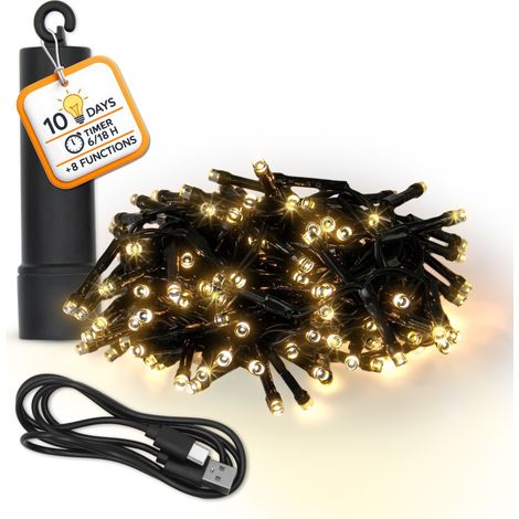 Akku Lichterkette USB aufladbar bis 10 Tage Leuchtdauer mit Timer - 160 LED auf 4m - Außen Dekolicht warm weiß mit 8 Funktionen