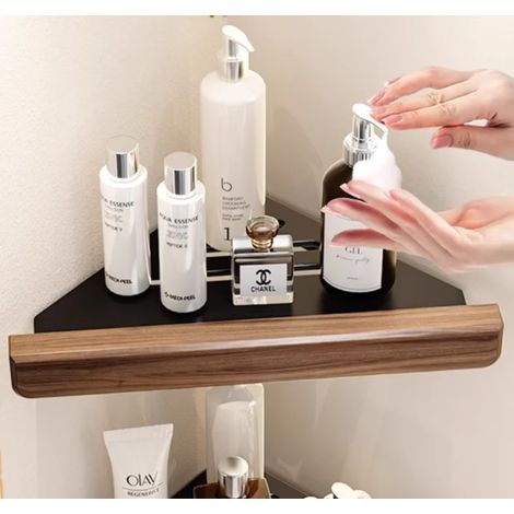 (H) Ensemble d'étagères de salle de bain en bois, étagère de douche, étagère murale de salle de bain en bois, support pour sèche-cheveux, étagère d'angle pour salle de bain (1/5)