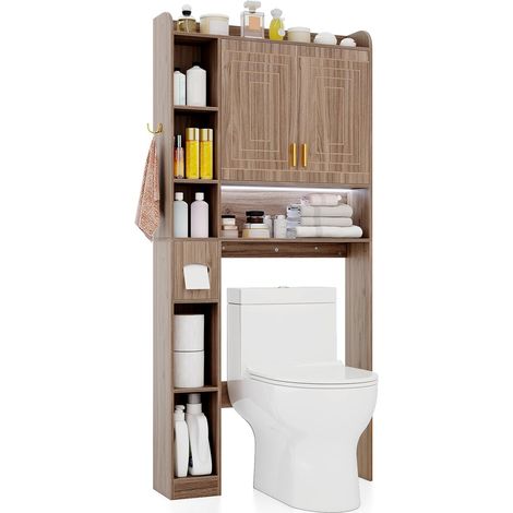 COSTWAY Mobile da Bagno Sopra WC, Armadietto a 2 Ante, 6 Scomparti Aperti, Grigio