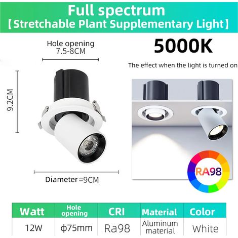 Lampes de croissance pour plantes (12 W 5000 K, puce LED) Lampe de croissance pour plantes à spectre complet, tube spot intégré, angle réglable, imitation de lumière solaire, pour une croissance optim (1/5)