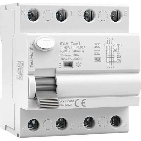Disjoncteur Differentiel 30mA 63A Type B AC400V Interrupteur Différentiel RCCB Disjoncteurs électriques Rail DIN pour systèmes Photovoltaïques et Stations de Recharge(GYL9-4P-63A-0.03A) (1/5)