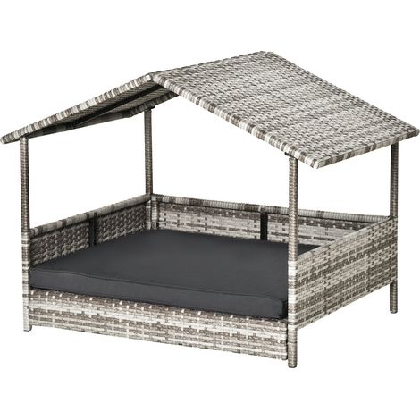 Rattan Hundehaus mit Kissen, Hundebett im Hausform, Outdoor Hundehütte, Stahlrahmen, Kunststoff, Grau, 69 x 98 x 70 cm